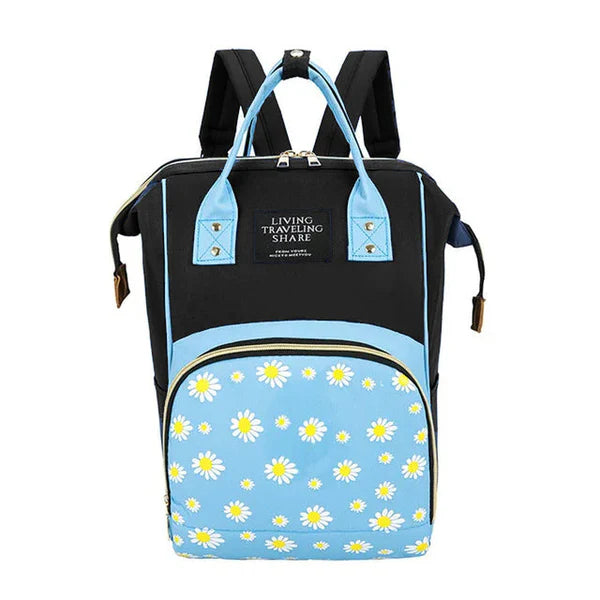 Baby Diaper Bag (Waterproof) Flower Black & Sky Blue