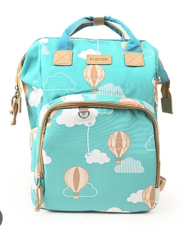 Hot Air Balloon Print Diaper Bag Backpack – Waterproof Travel Baby Bag for Moms & Dads (Aqua Blue)