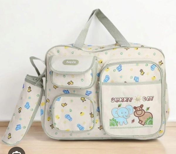 Cute Animal Print Diaper Bag Set – Beige Baby Bag with Bottle Holder & Multi-Pockets