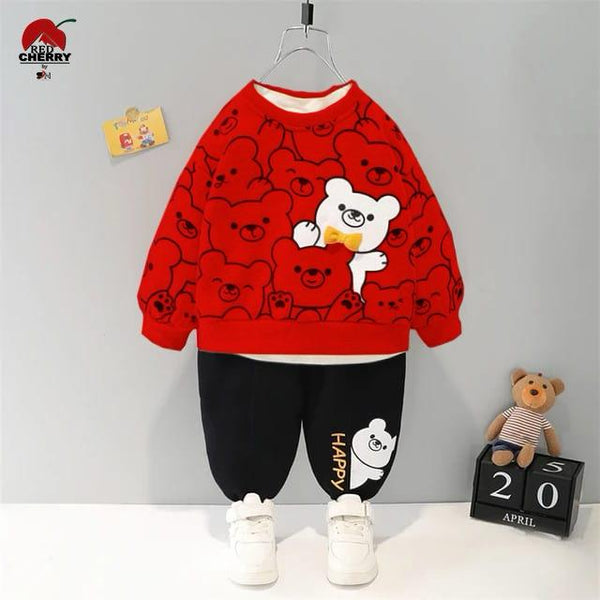 "Toddler Red Bear Print Sweatshirt and Pants Set – Cute Cartoon Outfit with 'Happy' Lettering for Winter & Fall"