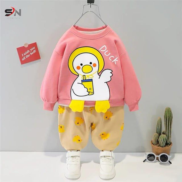 “Toddler Duck Print Pink Sweatshirt and Beige Pants Set – Cute Cartoon Outfit for Fall & Winter”
