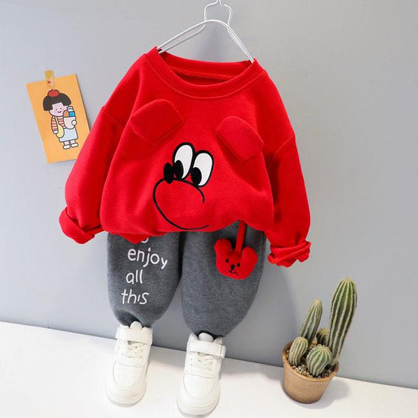 Toddler Red Cartoon Face Sweatshirt and Grey Pants Set – 3D Ear Design with ‘Enjoy All This’ Print