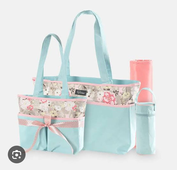Tinnies 4-in-1 Baby Diaper Bag Set | Large & Small Tote with Bottle Holder & Changing Mat