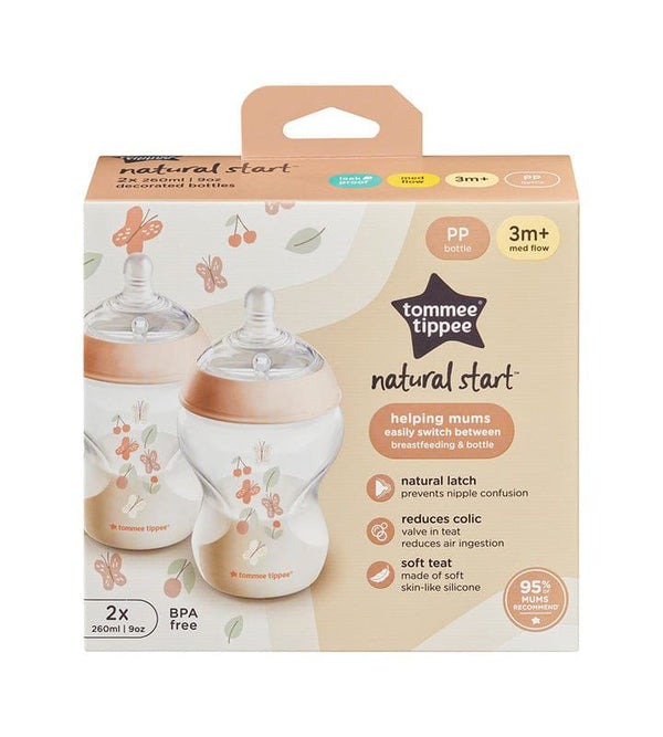 Tommee Tippee Natural Start Decorated Baby Bottles – 260ml, 2-Pack | 3m+ Medium Flow, BPA-Free