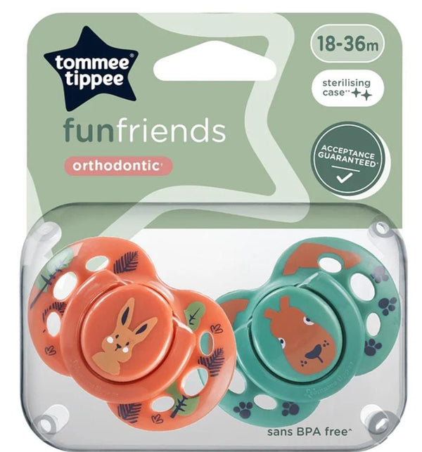 Tommee Tippee Fun Friends Orthodontic Pacifiers (18–36m) – 2 Pack with Sterilizing Case