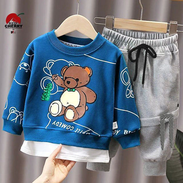 Kids Teddy Bear Printed Sweatshirt Set – Blue & Grey