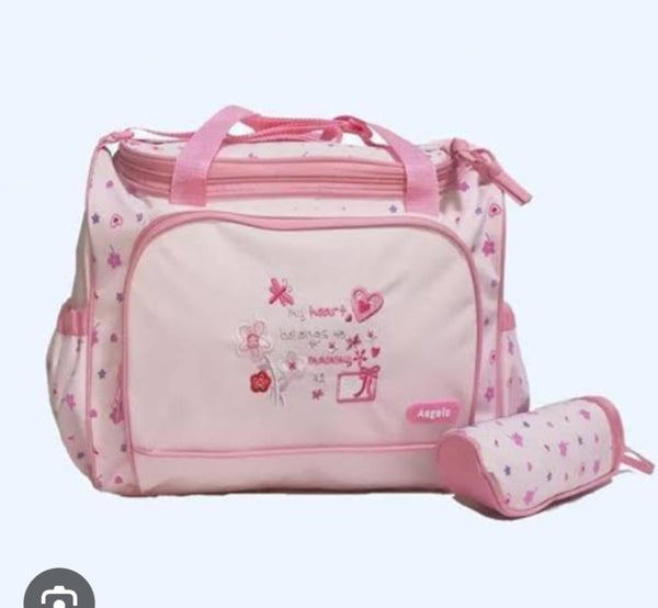 Embroidered Pink Diaper Bag Set for Baby Girls – Cute Mommy Bag with Bottle Holder & Side Pockets