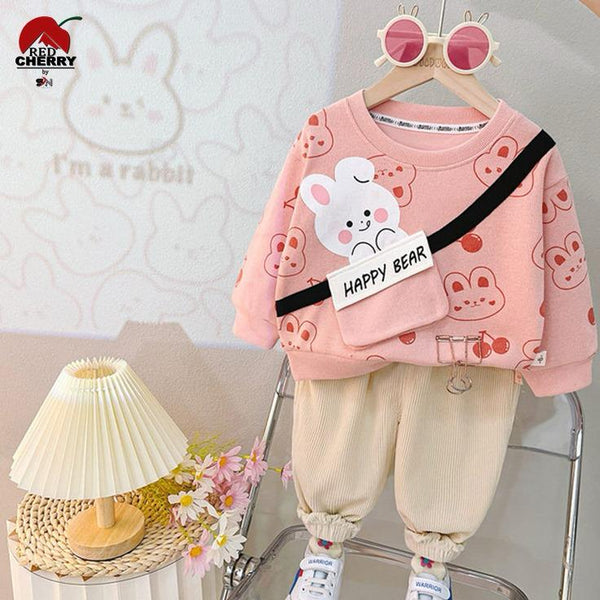 Toddler Red Happy Bear Sweatshirt and Beige Pants Set – Cute 3-Piece Outfit