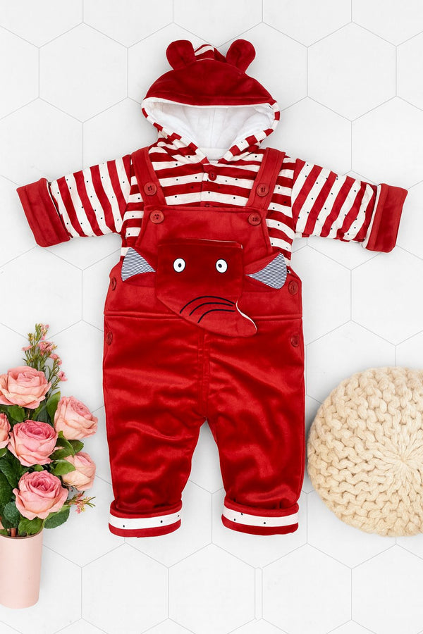 Baby Boy Velvet Elephant Romper with Hood & Stripes – Winter Onesie