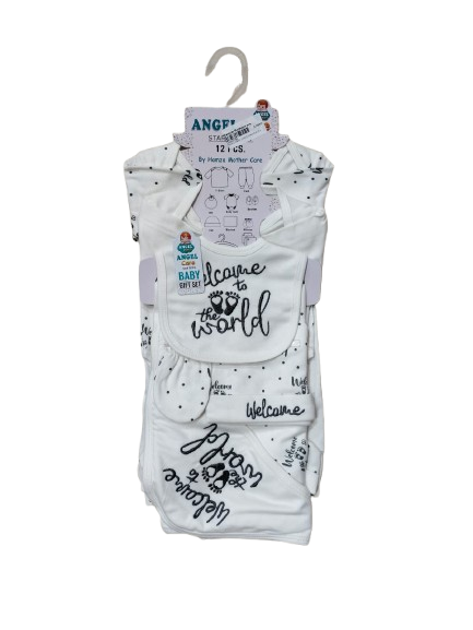 Newborn 12-Piece Baby Gift Set – Soft Cotton “Welcome to the World” Starter Pack for Boys & Girls (White)