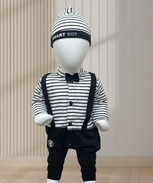 Baby Boys “Smart Boy” Striped Suspender Outfit Set – 3-Piece Formal Dress with Cap