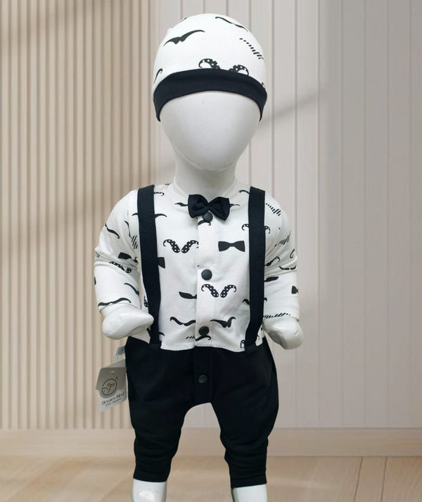 Baby Boys Bow Tie Printed Suspender Outfit Set – 3-Piece Formal Party Dress with Cap