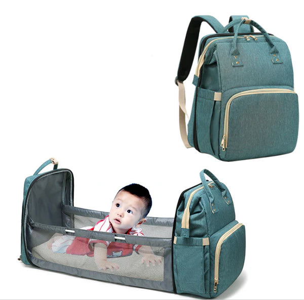 4In1 Multi-Purpose Baby Diapers Bag (Waterproof) With Portable Bed Green