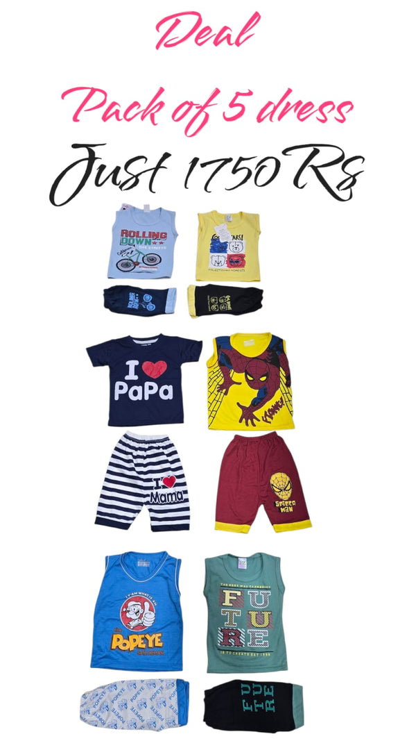 Pack of 5 Deal (Random Colours) – Baby Boy Dresses | Soft & Stylish Outfits