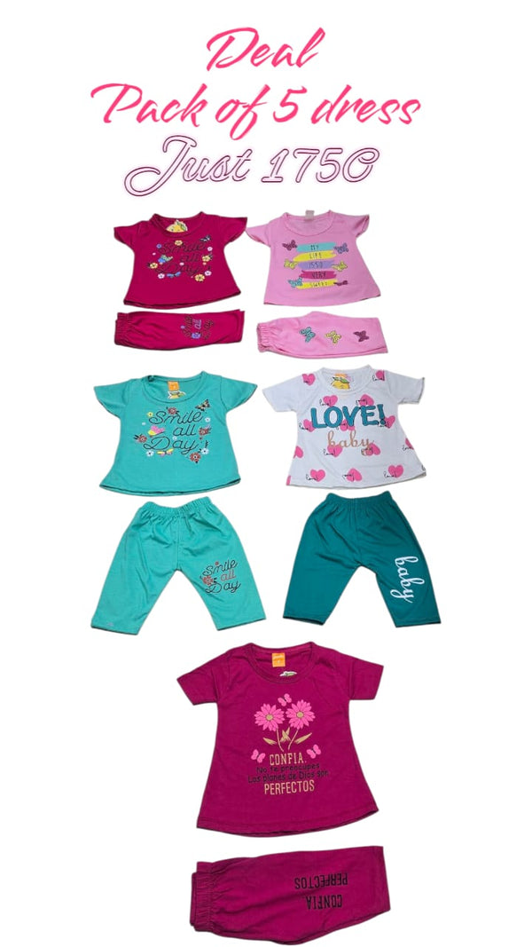 Pack of 5 Baby Dresses (Random Colours) – Premium Quality